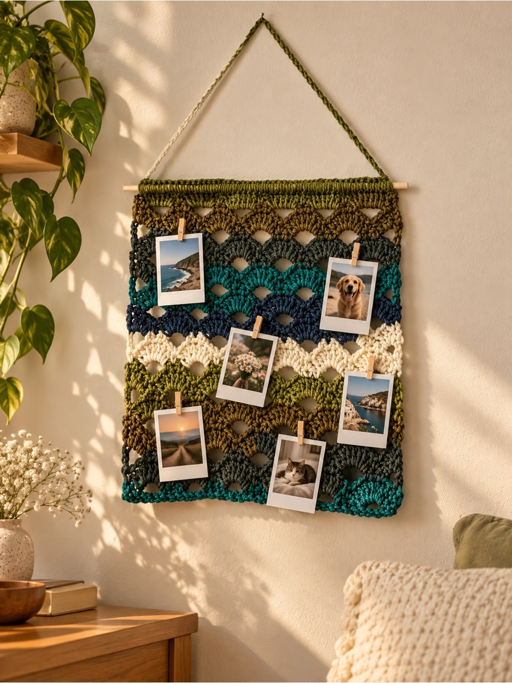 Handmade Crochet Wall Hanging | Photo, Glasses & Accessory Organizer